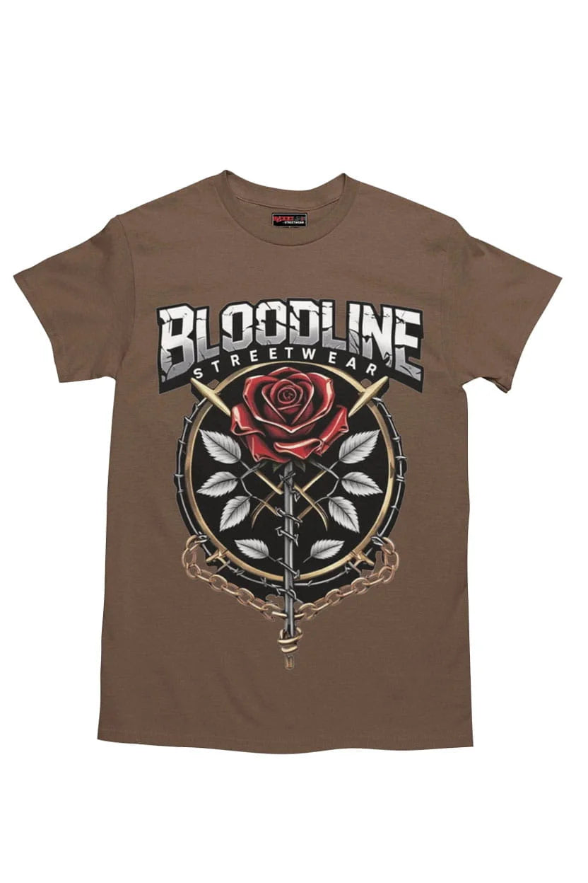 Brown t-shirt with 'Bloodline Streetwear' design featuring a rose and dagger on a white background